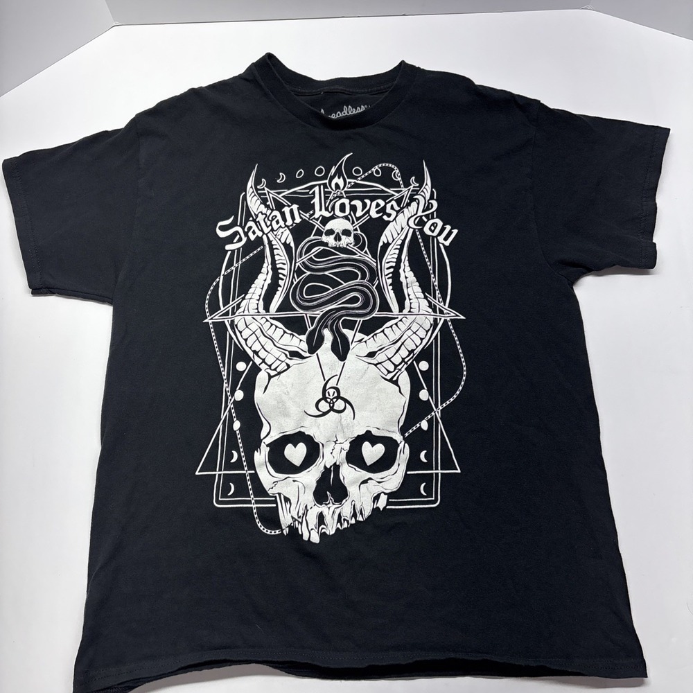 Satan Loves You" t-shirt‎ with a white graphic print by Von Kowen